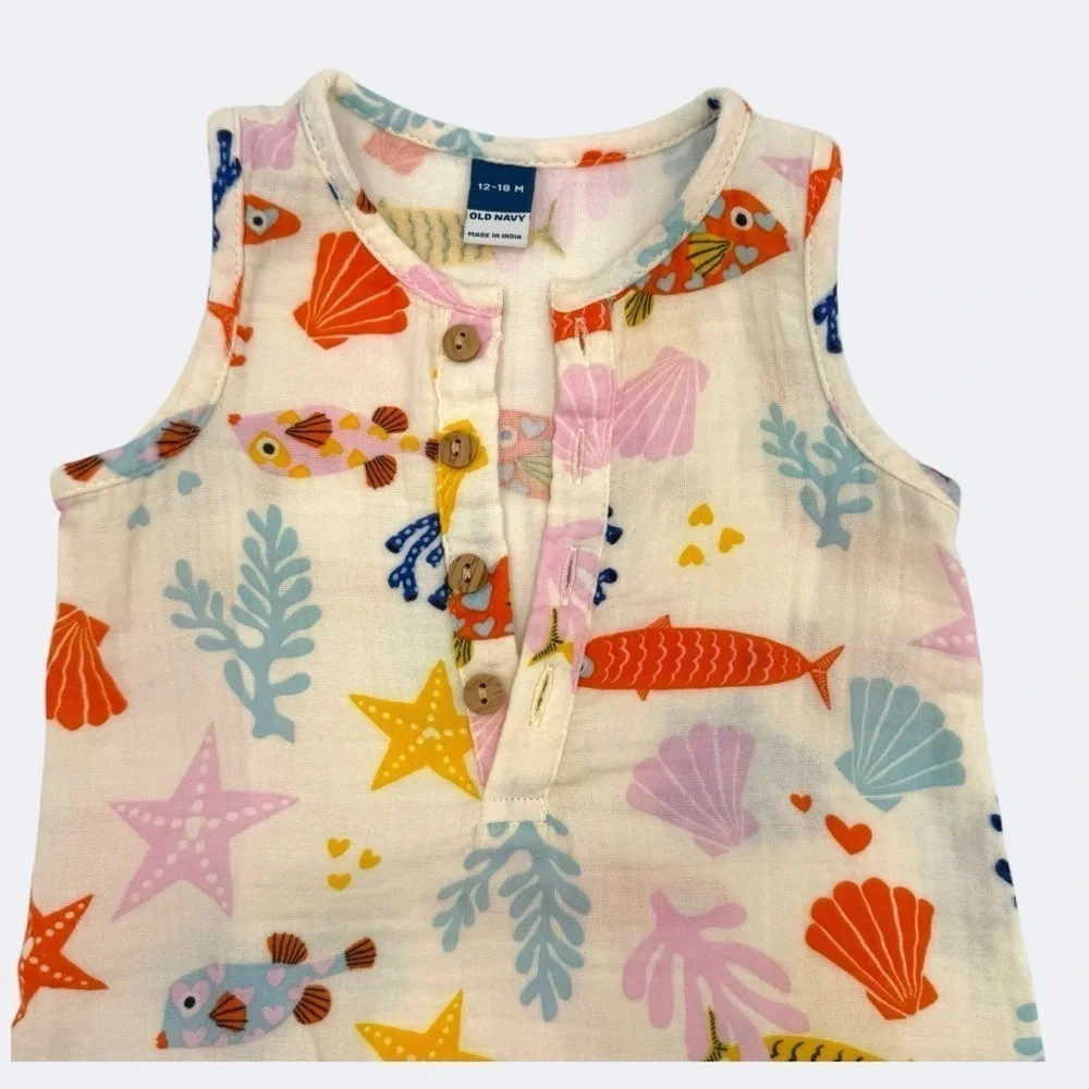 Old Navy Unisex Printed Henley Baby Romper Colorful Fish and Starfish 12-18